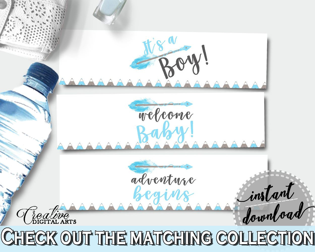 Bottle Labels Baby Shower Bottle Labels Aztec Baby Shower Bottle Labels Blue White Baby Shower Aztec Bottle Labels - QAQ18 - Digital Product