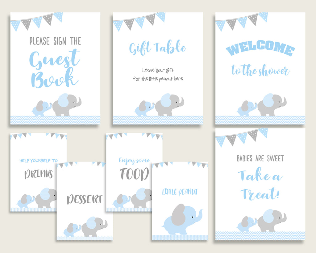 Elephant Baby Shower Boy Table Signs Printable, Blue Grey Party Table Decor, Favors, Food, Drink, Treat, Guest Book, Instant Download, ebl02