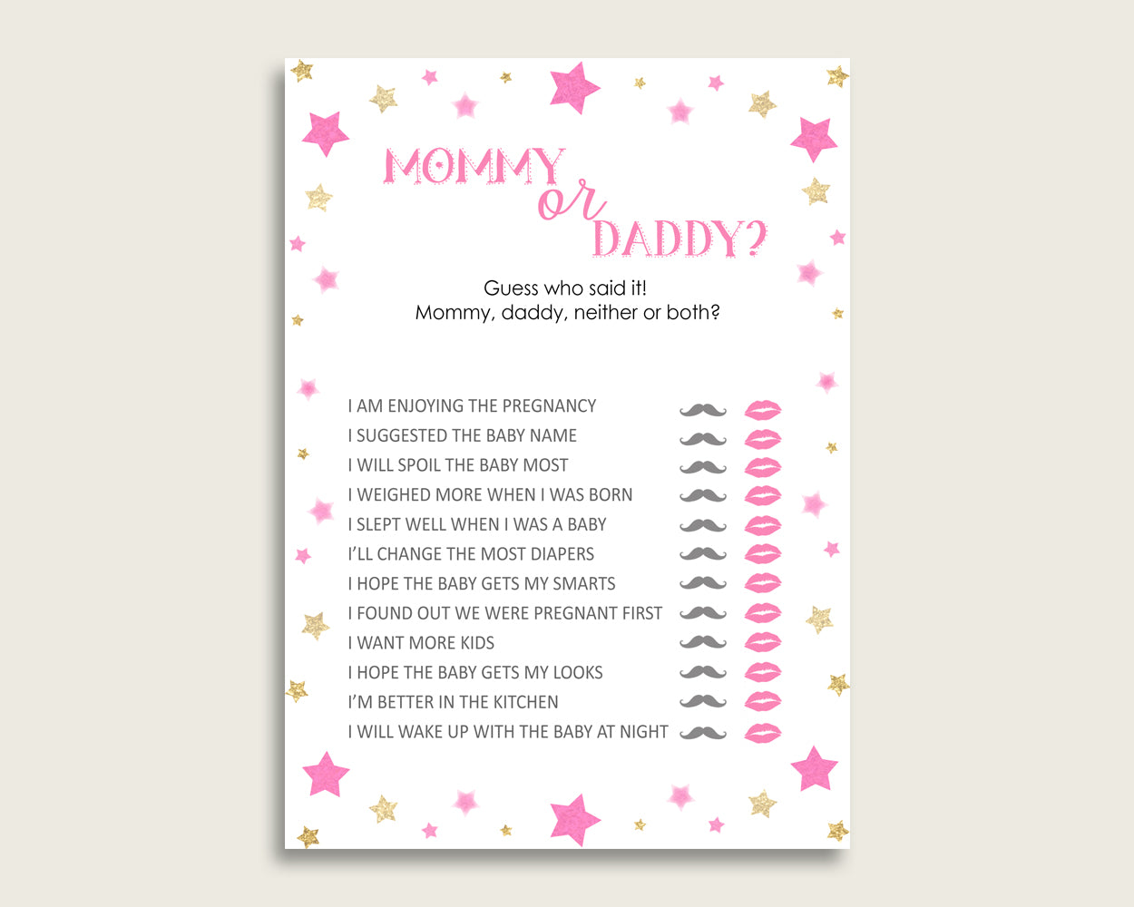 Pink Gold Mommy Or Daddy Baby Shower Girl Game Printable, Twinkle Star Guess Who Said It, He Said She Said, Instant Download, bsg01