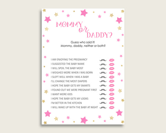 Pink Gold Mommy Or Daddy Baby Shower Girl Game Printable, Twinkle Star Guess Who Said It, He Said She Said, Instant Download, bsg01