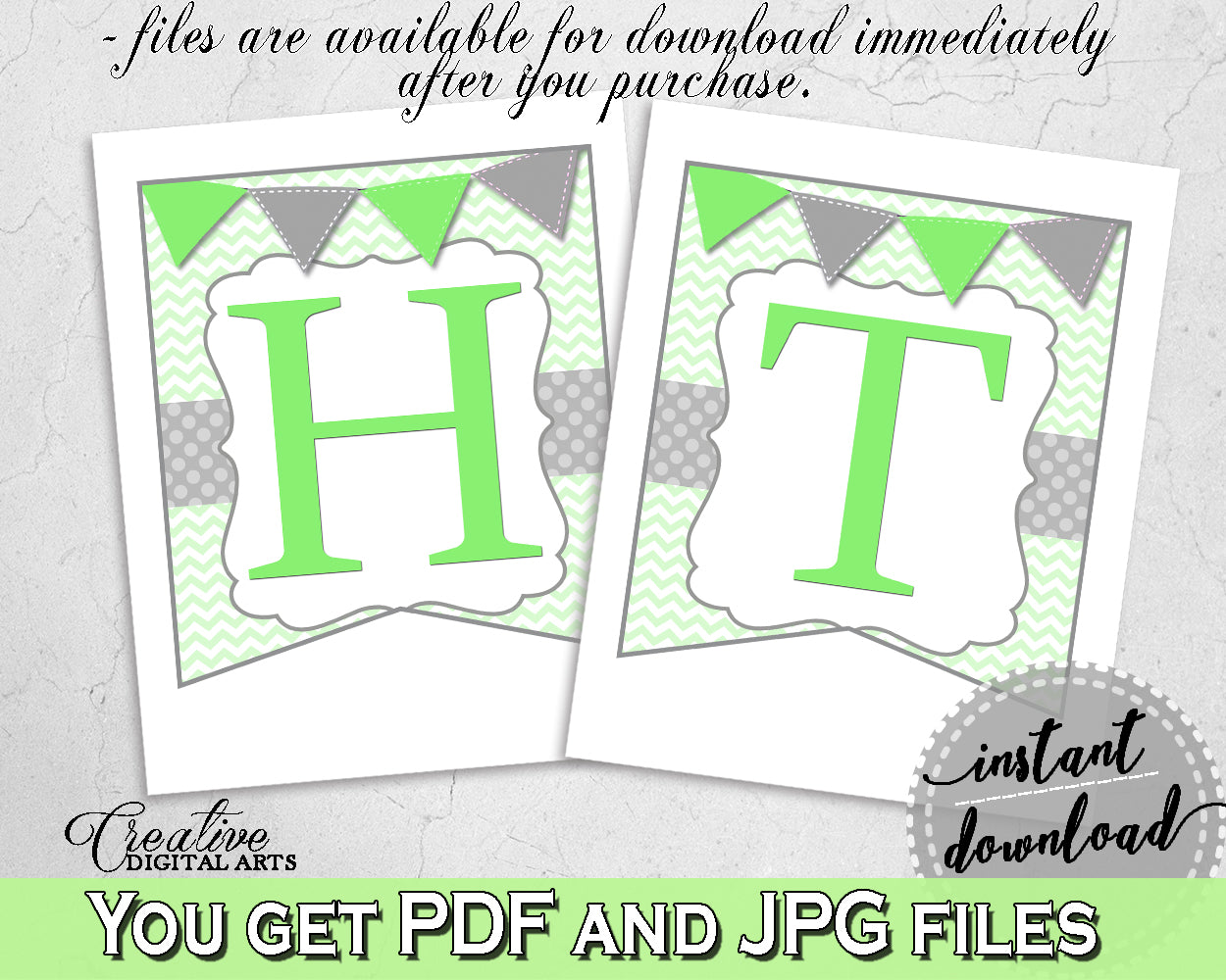 Baby shower BANNER decoration printable with chevron green theme for boy girl shower, all letters, digital files, instant download - cgr01