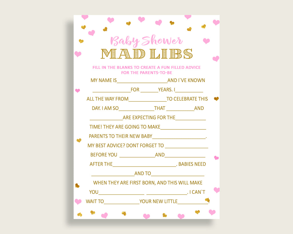 Mad Libs Baby Shower Mad Libs Hearts Baby Shower Mad Libs Baby Shower Hearts Mad Libs Pink Gold paper supplies party decorations bsh01