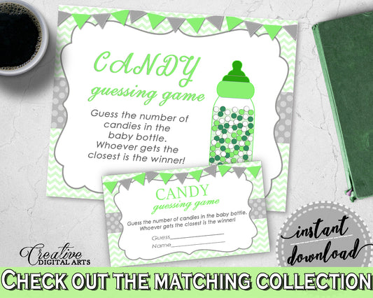 CANDY GUESSING GAME sign and tickets for baby shower with chevron green theme printable, Jpg Pdf, instant download - cgr01