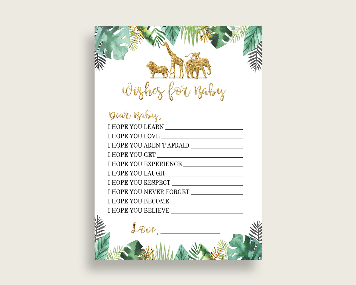 Gold Green Wishes For Baby Cards & Sign, Jungle Baby Shower Gender Neutral Well Wishes Game Printable, Instant Download, Cute Animals EJRED