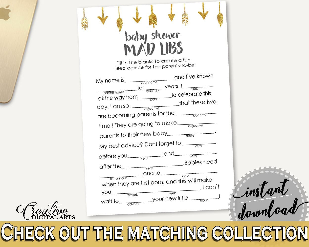 Mad Libs Baby Shower Mad Libs Gold Arrows Baby Shower Mad Libs Baby Shower Gold Arrows Mad Libs Gold White - I60OO - Digital Product