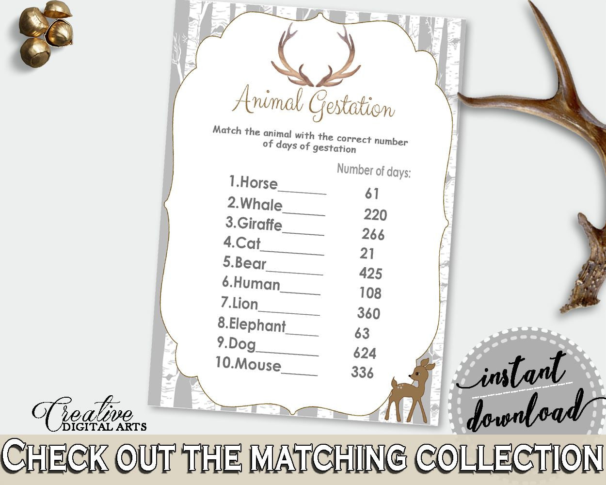 Animal Gestation Baby Shower Animal Gestation Deer Baby Shower Animal Gestation Baby Shower Deer Animal Gestation Gray Brown prints Z20R3 - Digital Product