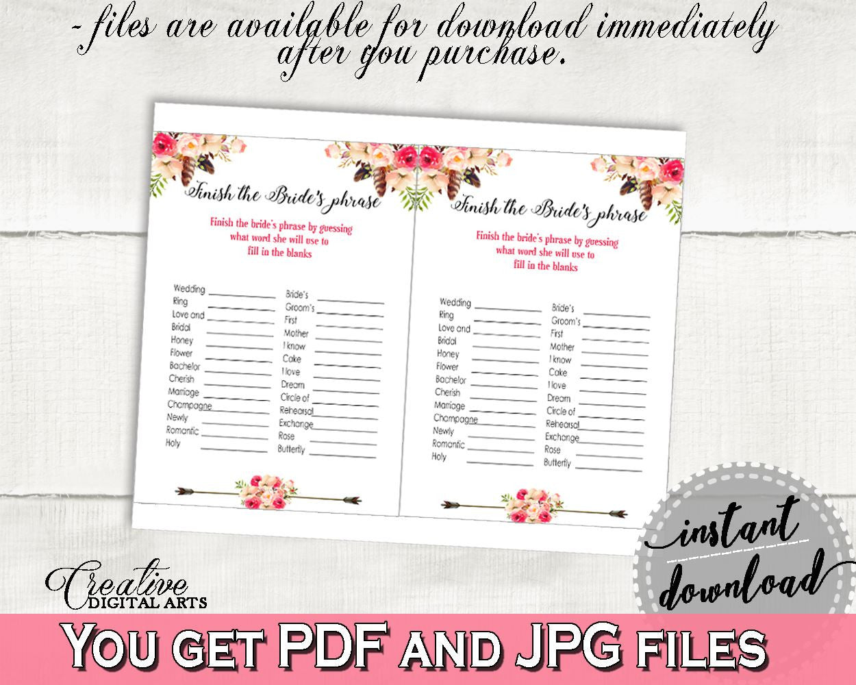 Finish The Bride's Phrase Game in Bohemian Flowers Bridal Shower Pink And Red Theme, finish the phrase, shower activity, prints - 06D7T - Digital Product