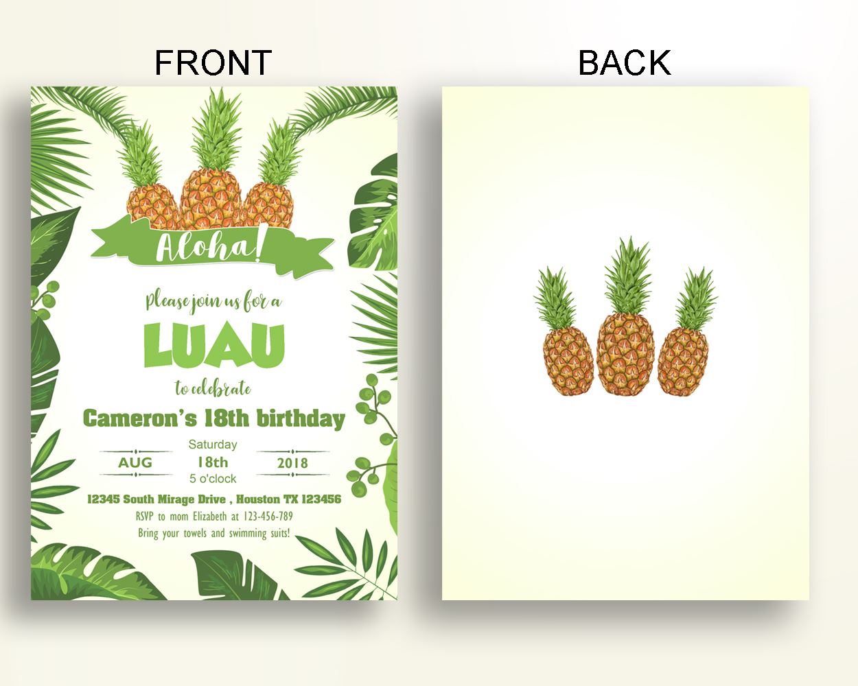 Pineapple Birthday Invitation Aloha Birthday Party Invitation Pineapple Birthday Party Aloha Invitation Boy Girl green luau invite 0AY97 - Digital Product