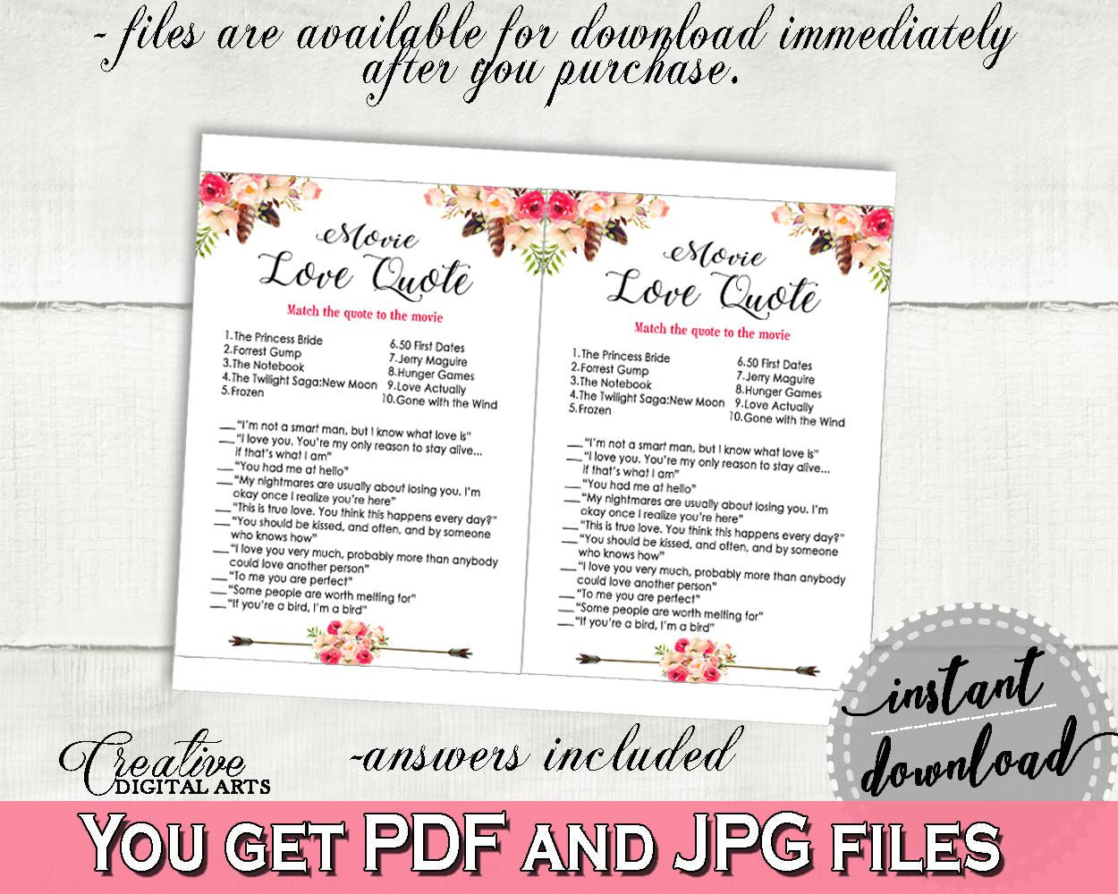 Pink And Red Bohemian Flowers Bridal Shower Theme: Movie Love Quote Game - matching love quotes, stylish bridal, party planning - 06D7T - Digital Product