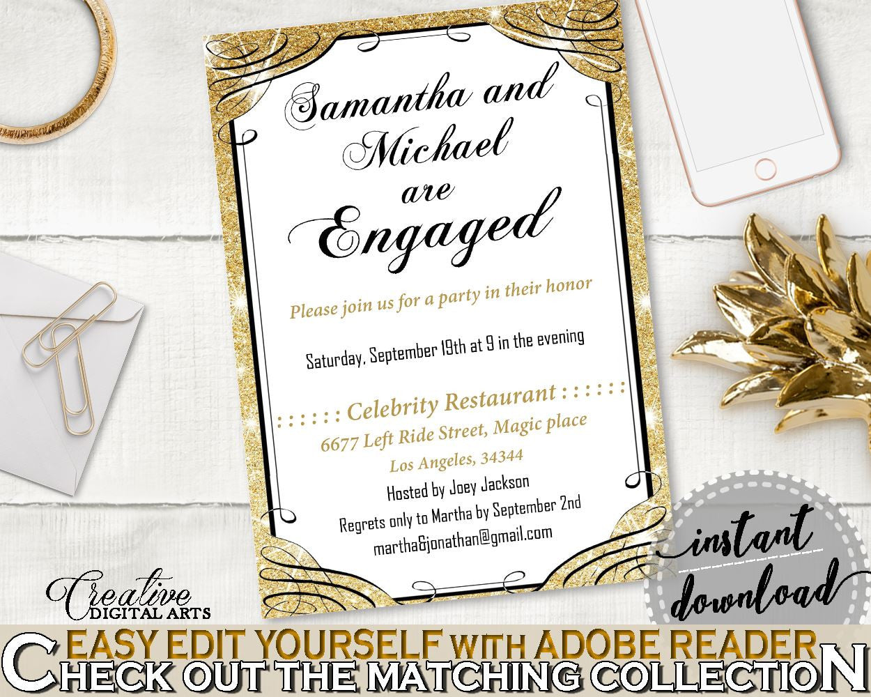 Glittering Gold Bridal Shower Engagement Party Invitation Editable in Gold And Yellow, engaged invitation, shower celebration - JTD7P - Digital Product