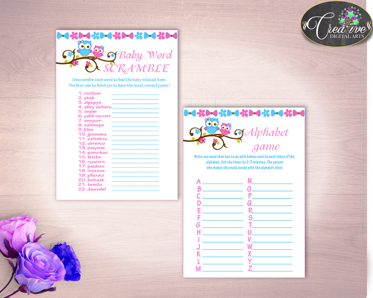 Games Baby Shower Games Owl Baby Shower Games Baby Shower Owl Games Pink Blue party planning pdf jpg party decorations prints owt01