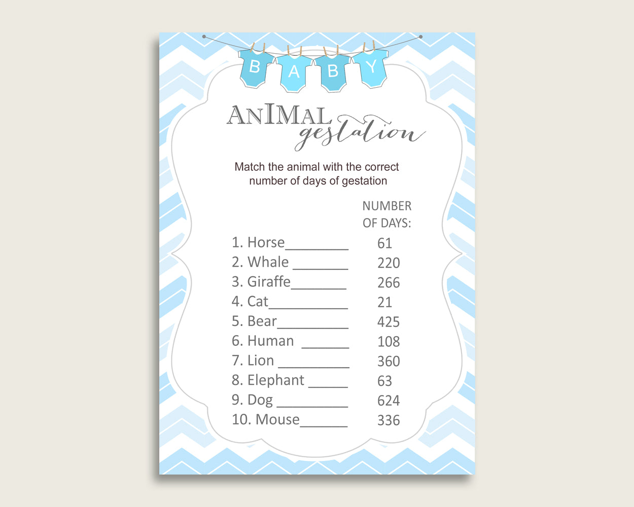 Chevron Animal Pregnancy Gestation Game, Blue White Baby Shower Boy Printable Activities, Instant Download, Popular Light Blue cbl01