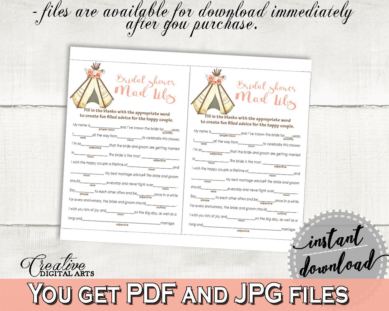 Mad Libs Bridal Shower Mad Libs Tribal Bridal Shower Mad Libs Bridal Shower Tribal Mad Libs Pink Brown party décor - 9ENSG - Digital Product