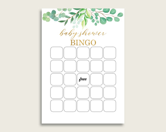 Green Gold Baby Shower Bingo Blank Game Printable, Greenery Baby Shower Gender Neutral Bingo Blank Cards, Bingo Gift Opening Game, Y8X33