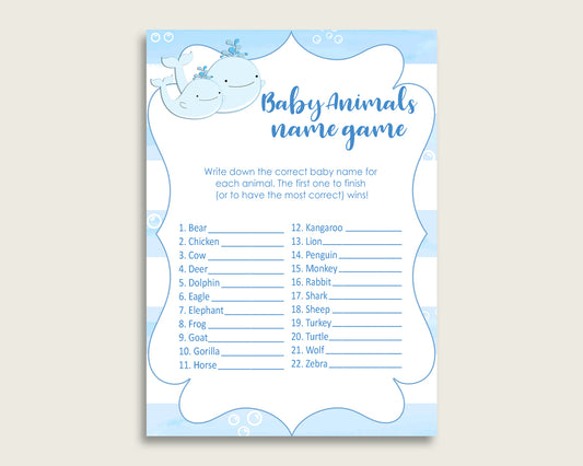 Whale Name The Baby Animals Game Printable, Blue White Baby Shower Animal Game, Boy Baby Shower, Instant Download, Watercolor Stripes, wbl01