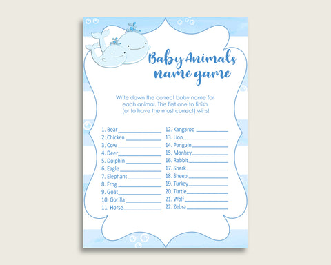 Whale Name The Baby Animals Game Printable, Blue White Baby Shower Animal Game, Boy Baby Shower, Instant Download, Watercolor Stripes, wbl01