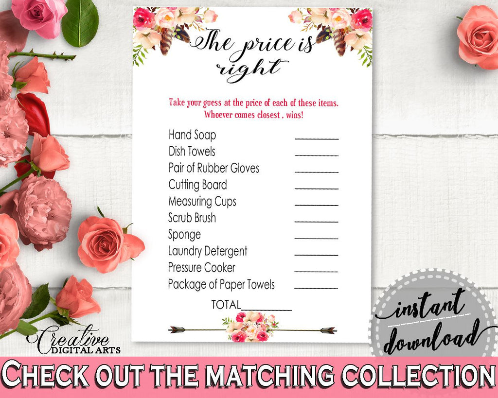The Price Is Right Game in Bohemian Flowers Bridal Shower Pink And Red Theme, guess the price, bohemian bridal, instant download - 06D7T - Digital Product