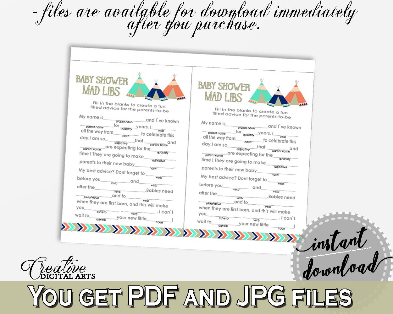 Mad Libs Baby Shower Mad Libs Tribal Teepee Baby Shower Mad Libs Baby Shower Tribal Teepee Mad Libs Green Navy - KS6AW - Digital Product