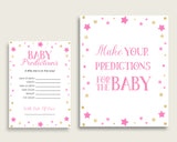 Twinkle Star Baby Shower Prediction Cards & Sign Printable, Pink Gold Baby Prediction Game Girl, Instant Download, Most Popular bsg01
