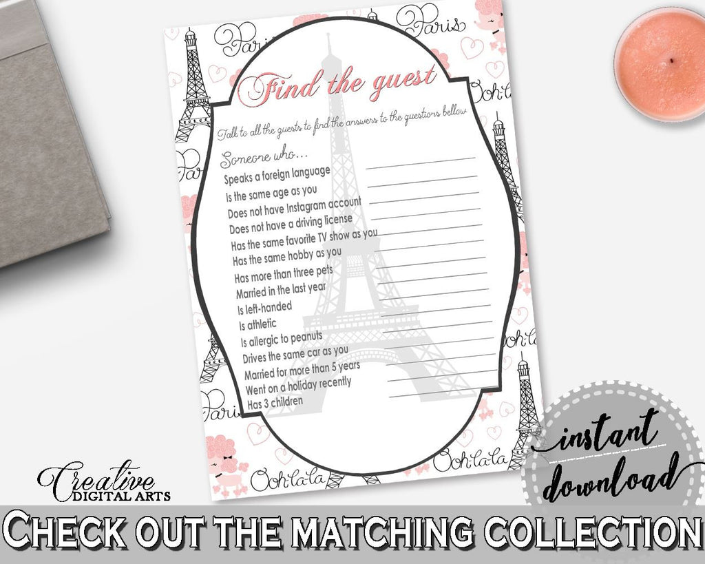 Paris Bridal Shower Find The Guest Game in Pink And Gray, guess the guest game, parisian shower, customizable files, printable files - NJAL9 - Digital Product