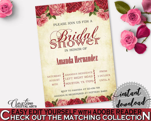 Invitation Bridal Shower Invitation Vintage Bridal Shower Invitation Bridal Shower Vintage Invitation Red Pink party supplies XBJK2 - Digital Product