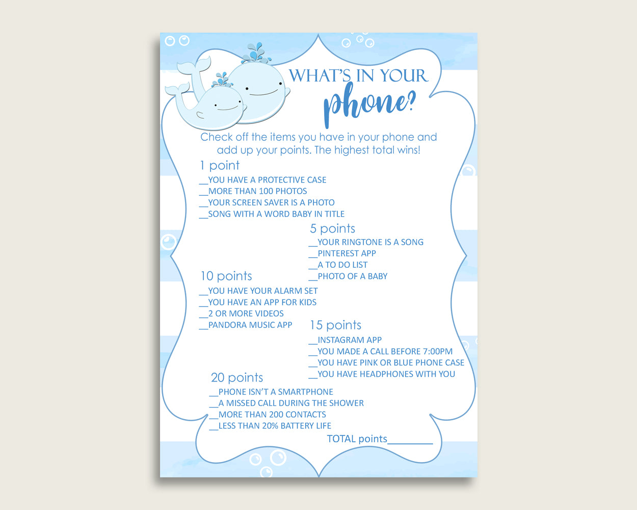 Blue White What's In Your Phone Game, Whale Baby Shower Boy, What's In Your Cell Phone Printable, Instant Download, Watercolor Stripes wbl01