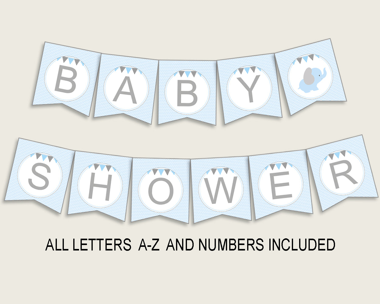 Elephant Baby Shower Banner All Letters, Birthday Party Banner Printable A-Z, Blue Grey Banner Decoration Letters Boy, Chevron Theme ebl02