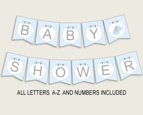 Elephant Baby Shower Banner All Letters, Birthday Party Banner Printable A-Z, Blue Grey Banner Decoration Letters Boy, Chevron Theme ebl02