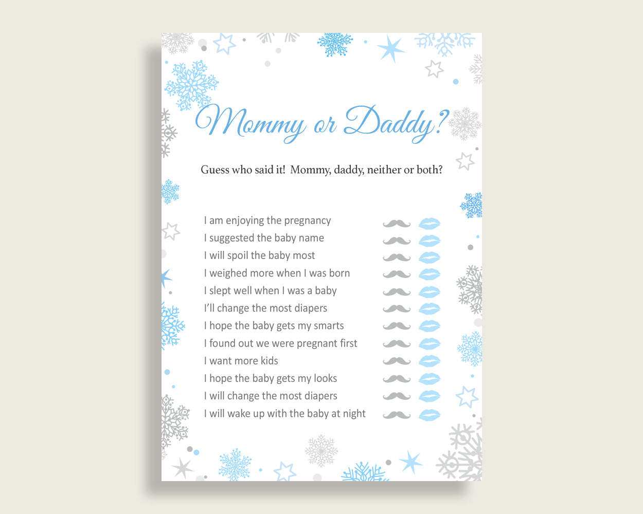 Mommy Or Daddy Baby Shower Mommy Or Daddy Snowflake Baby Shower Mommy Or Daddy Blue Gray Baby Shower Snowflake Mommy Or Daddy prints NL77H