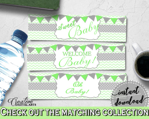 Baby shower WATER BOTTLE LABELS printable with chevron green theme, digital files Pdf Jpg, instant download - cgr01