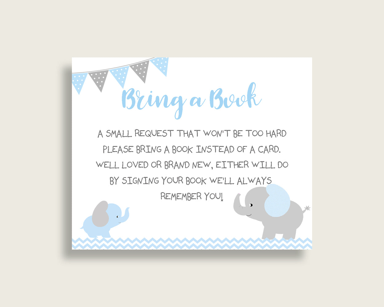 Elephant Baby Shower Bring A Book Insert Printable, Boy Blue Grey Book Request, Elephant Books For Baby, Book Instead Of Card, ebl02