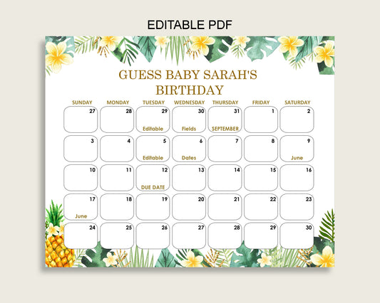 Green Yellow Guess Baby Due Date Calendar Game Printable, Tropical Baby Shower Gender Neutral Birthday Prediction Calendar Editable 4N0VK