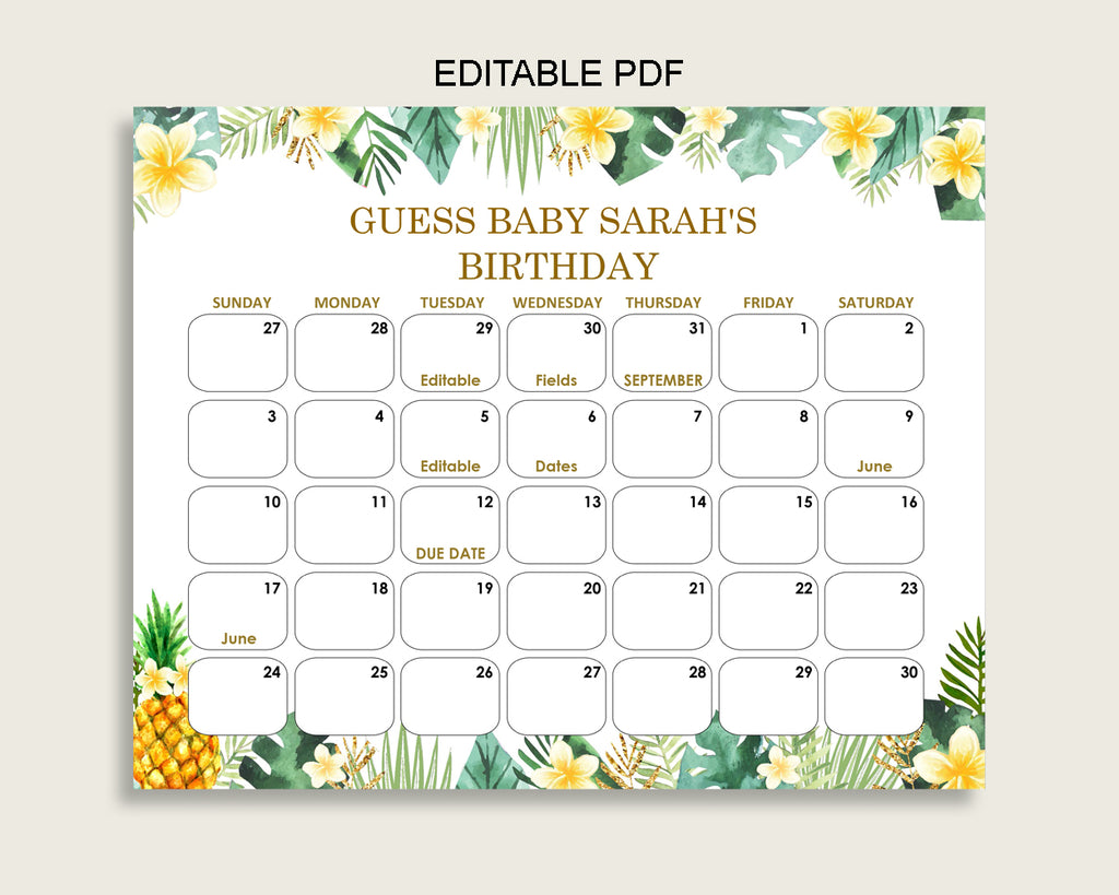 Green Yellow Guess Baby Due Date Calendar Game Printable, Tropical Baby Shower Gender Neutral Birthday Prediction Calendar Editable 4N0VK