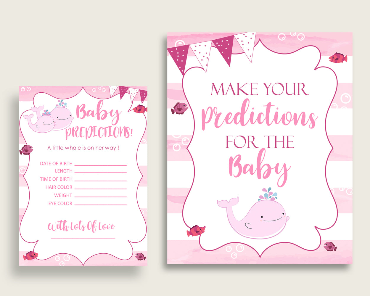 Pink Whale Baby Shower Prediction Cards & Sign Printable, Pink White Baby Prediction Game Girl, Instant Download, Sea Animals Popular wbl02