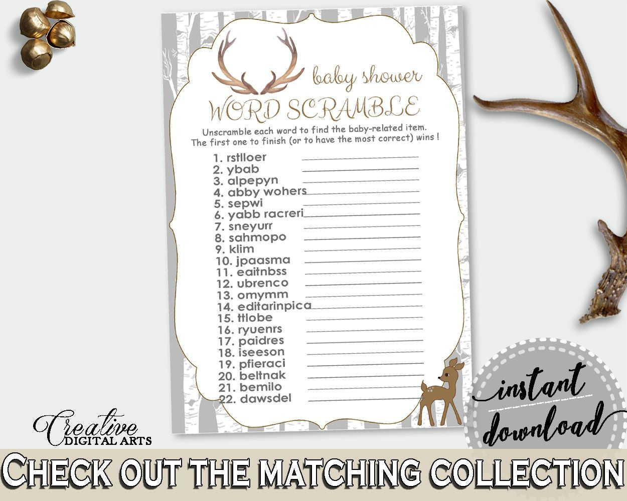 Word Scramble Baby Shower Word Scramble Deer Baby Shower Word Scramble Baby Shower Deer Word Scramble Gray Brown party stuff - Z20R3 - Digital Product