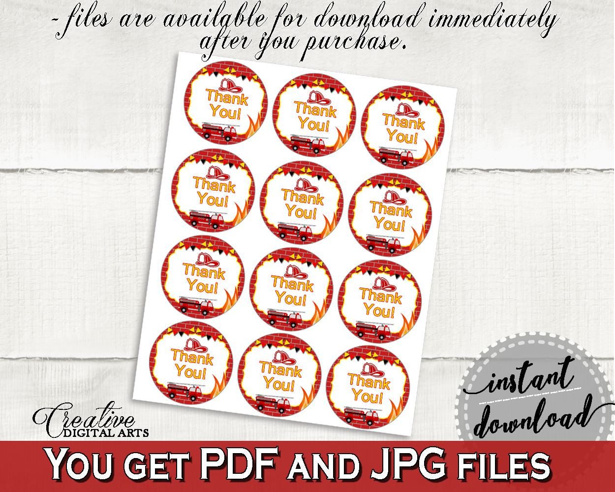 Round Tags Baby Shower Round Tags Fireman Baby Shower Round Tags Red Yellow Baby Shower Fireman Round Tags - LUWX6 - Digital Product