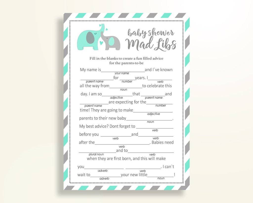 Mad Libs Baby Shower Mad Libs Turquoise Baby Shower Mad Libs Baby Shower Elephant Mad Libs Green Gray party organising party ideas 5DMNH - Digital Product