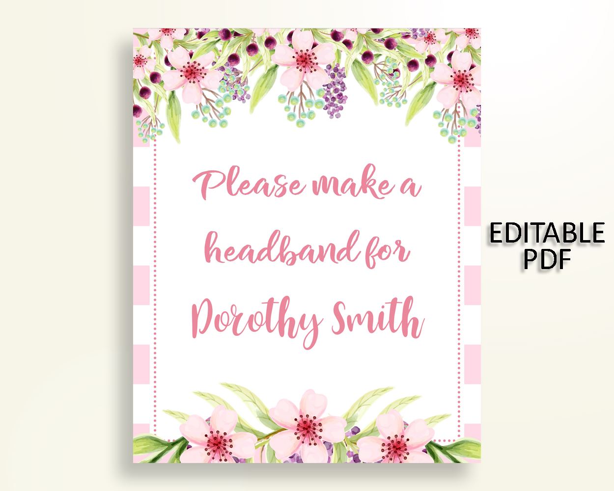 Headband Sign Baby Shower Headband Sign Pink Baby Shower Headband Sign Baby Shower Flowers Headband Sign Pink Green party décor 5RQAG - Digital Product