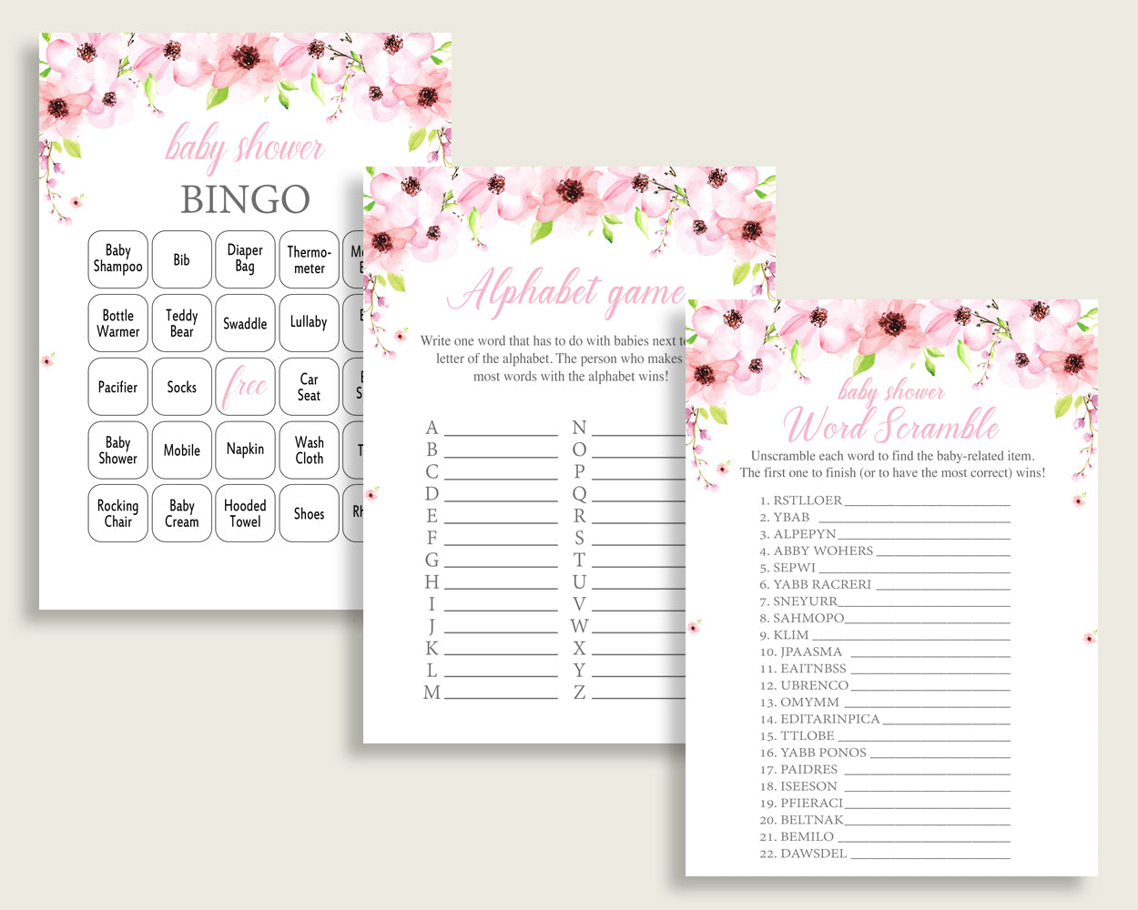 Flower Blush Baby Shower Games Printable Pack, Pink Green Baby Shower Games Package Girl, Flower Blush Games Bundle Set, Instant VH1KL