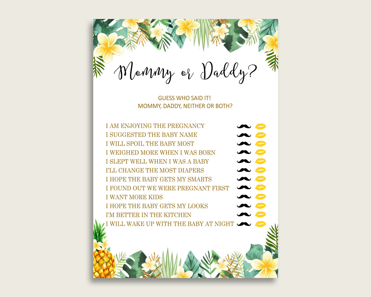 Green Yellow Mommy Or Daddy Baby Shower Gender Neutral Game Printable, Tropical Guess Who Said It, He Said She Said, Instant Download, 4N0VK