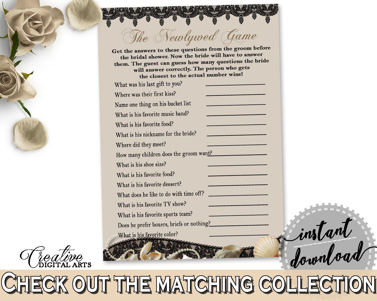 The Newlywed Game in Seashells And Pearls Bridal Shower Brown And Beige Theme, what did bride say, necklace bridal, party theme - 65924 - Digital Product