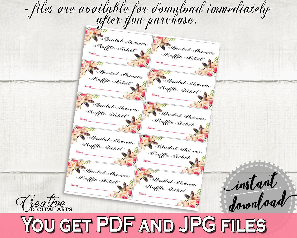 Pink And Red Bohemian Flowers Bridal Shower Theme: Raffle Ticket - empty ticket, floral boho, digital print, prints, party supplies - 06D7T - Digital Product