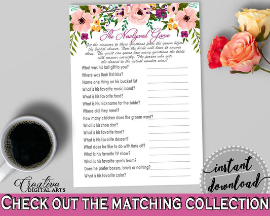 Watercolor Flowers Bridal Shower The Newlywed Game in White And Pink, couples game, shower natural, party decor, paper supplies - 9GOY4 - Digital Product