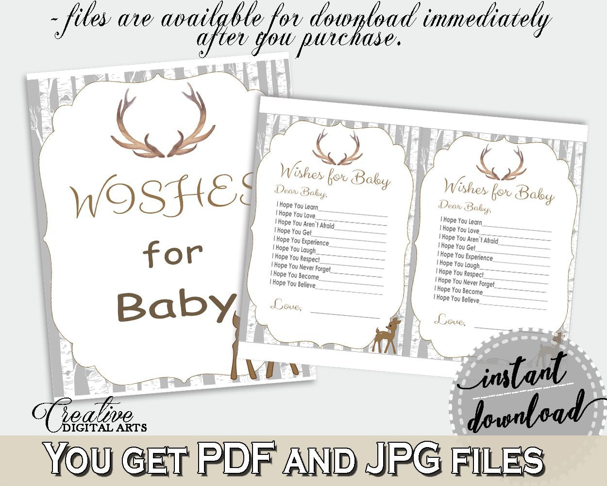 Wishes Baby Shower Wishes Deer Baby Shower Wishes Baby Shower Deer Wishes Gray Brown digital print, prints, party supplies - Z20R3 - Digital Product