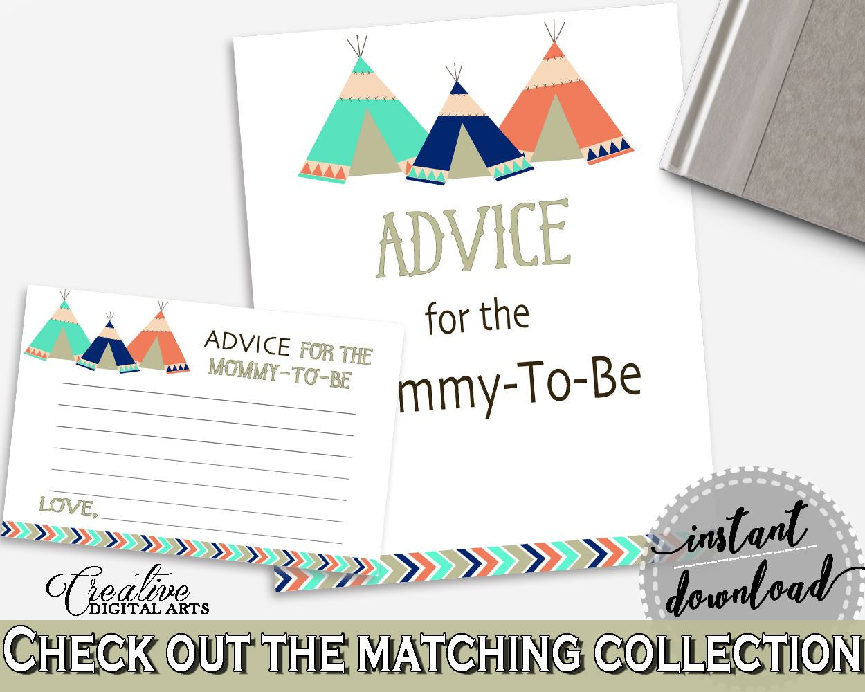 Advice Cards Baby Shower Advice Cards Tribal Teepee Baby Shower Advice Cards Baby Shower Tribal Teepee Advice Cards Green Navy - KS6AW - Digital Product