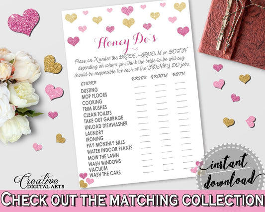 Glitter Hearts Bridal Shower Honey Do List in Gold And Pink, honey do game,  purple and gold, printables, prints, digital print - WEE0X - Digital Product