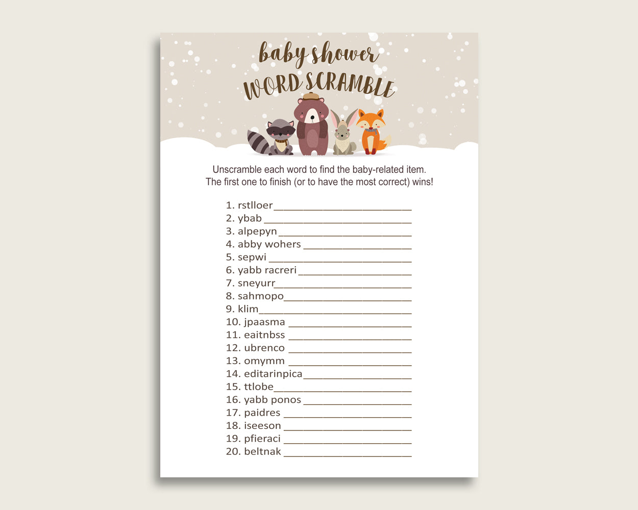 Gender Neutral Baby Shower Word Scramble Game Printable, Cute Winter Woodland Beige Brown Word Scramble, Funny Activity, Instant RM4SN