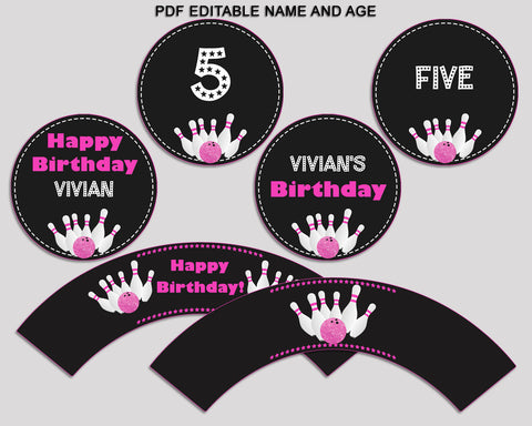 Bowling Birthday Cupcake Toppers, Bowling Birthday Cupcake Wrappers, Editable Pink Black Toppers Wrappers Girl, Digital Download, WYP5V