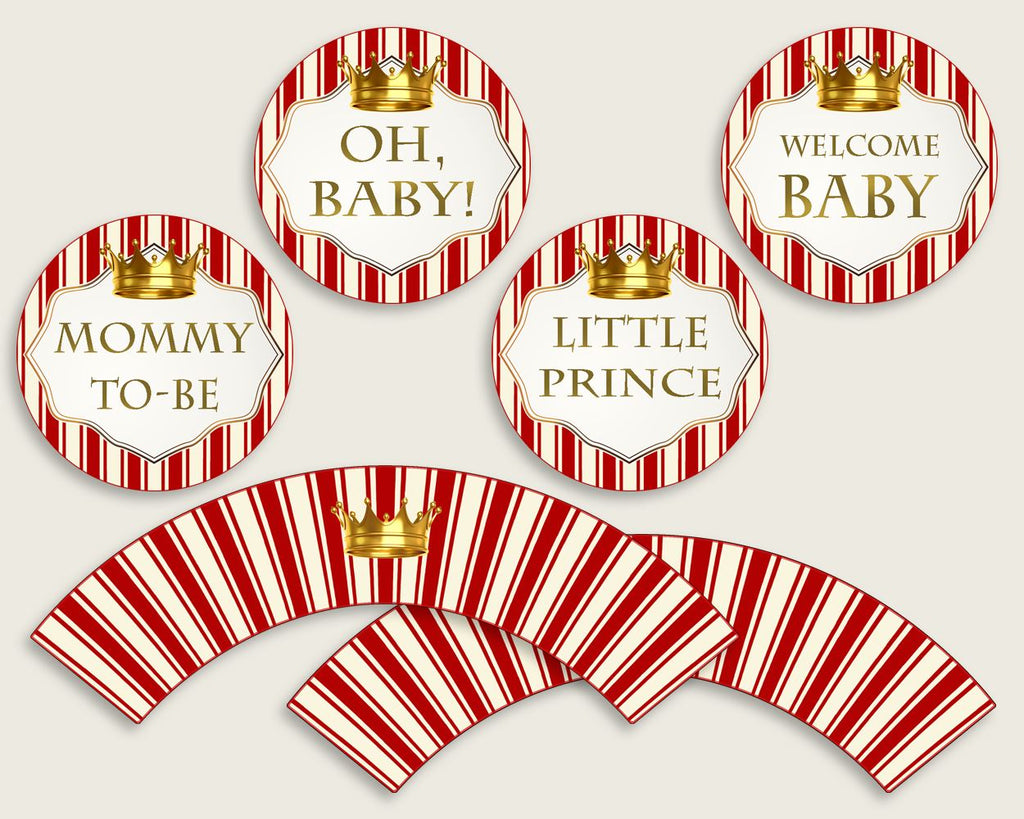 Prince Cupcake Toppers, Red Gold Cupcake Wrappers, Toppers Wrappers Baby Shower Boy, Instant Download, Crown Most Popular Cute Theme 92EDX