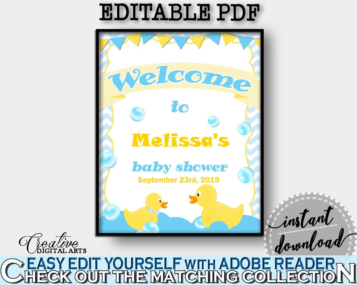 Baby Shower Ducks Shower Mint Theme Personalized Sign Editable Greetings WELCOME SIGN, Shower Activity, Shower Celebration - rd002 - Digital Product